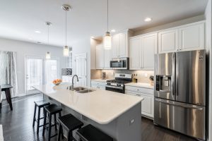 1535 S Church St. White kitchen with white quartz countertops, white custom cabinetry and stainless appliances. Bullard Realty Group with ExP Realty